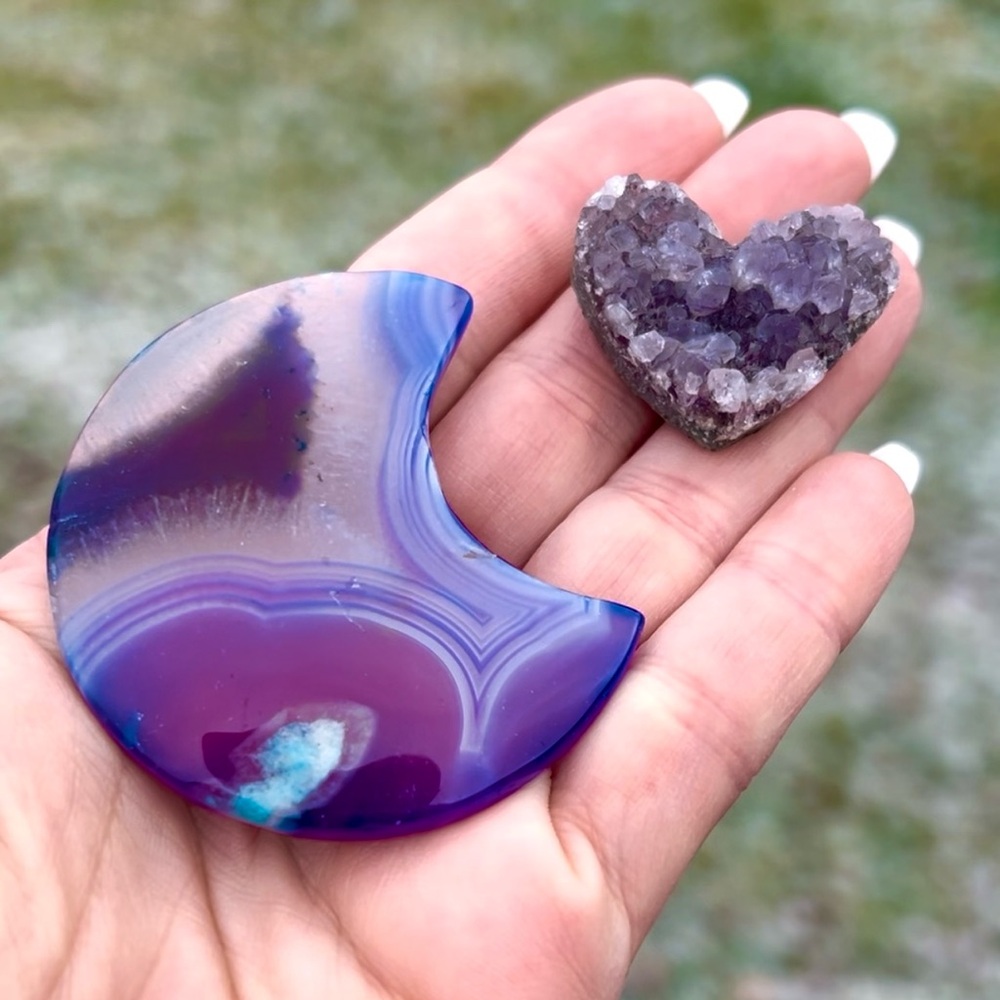Blue Cherry Agate Heart + Ametyst Heart Crystal Specimens
